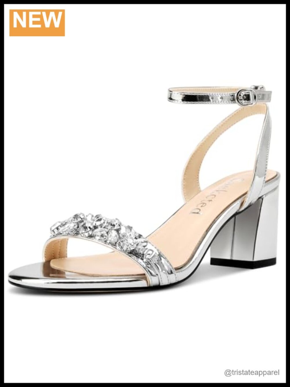 Women's Chunky Block Mid Heel Peep Toe Ankle Strap Rhinestone Sandals